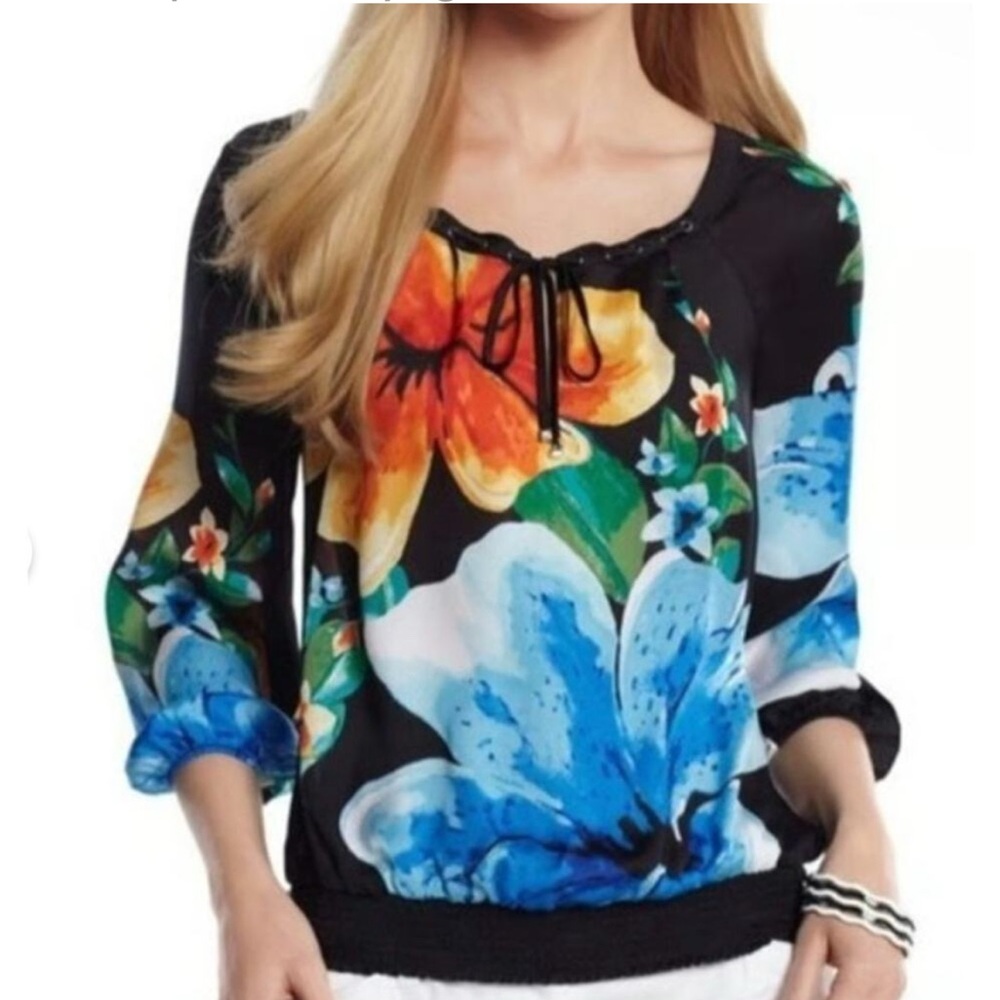 White House Black Market Blue and Orange Tie Front Blouse